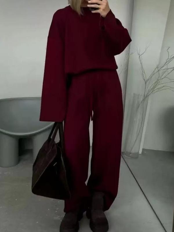 European & American Style Women's Solid Color Long Sleeve Wide Leg Pants Sweater Set