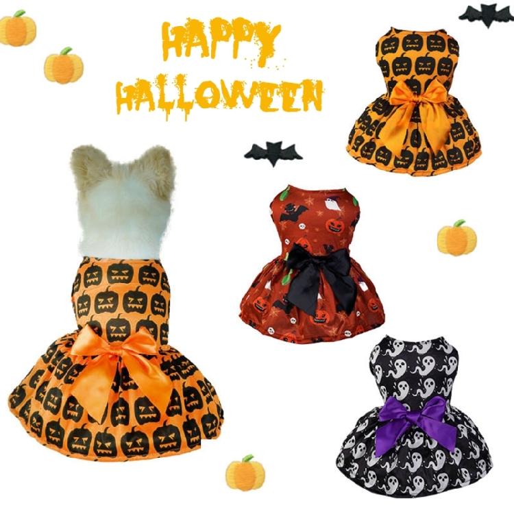 Pumpkin Print Dog Dresses Cats Halloween Dress Up Skirt Bowknot Dress Theme Party Clothes Small Cats Dog 2Leg Photo Outfit