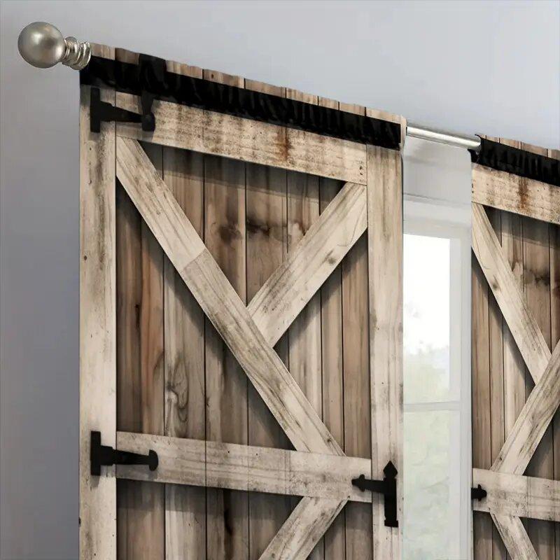 2 Stück hellfarbene Vorhänge mit Holzmaserungsdruck, Stangentaschenvorhänge 42*84, Heimdekoration, Raumdekoration