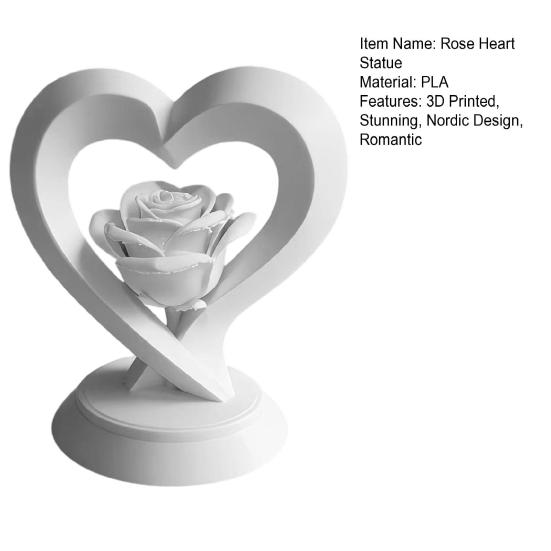 Rose Heart Figurine, 3D Printed Heart Sculpture, Romantic Decorative Ornament for Table, Shelf Centerpiece