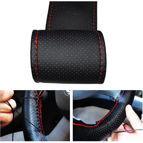 Car Steering Wheel Stitch On Wrap Cover, Universal Car Steering Wheel Cover, Hand Sewing Perforated Microfiber Leather Steering Wheel Cover(Black