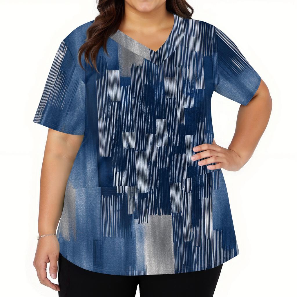 Women's Fashion V-neck Short Sleeve Workwear With Pockets Printed Tops