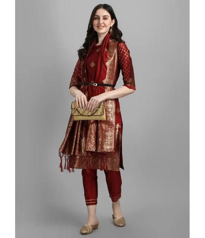 Women's Designer Party Wear Top Tunic Cotton Silk Kurti Pant Dupatta Set Salwar Kameez