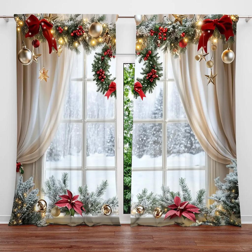 Set Of 2 Christmas Window Printed Curtain Home Decor Treatment Bedroom Office Kitchen With Rod Pocket Polyester Perfect For