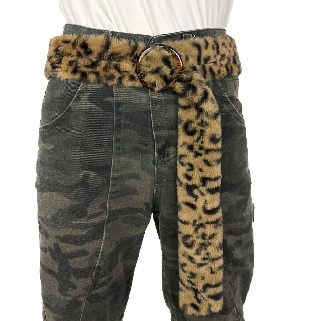 Retro Hot Girl Personality Leopard Print Plush Belt, Chicken Eye Perforated Circular Metal Buckle, Clothing Accessories, Waist Ornaments