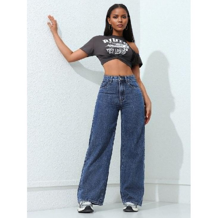 Jeans Women Vintage Wide Leg Pants Denims High Waist Washed Distressed Basics Straight Trousers Streetwear Floor Length
