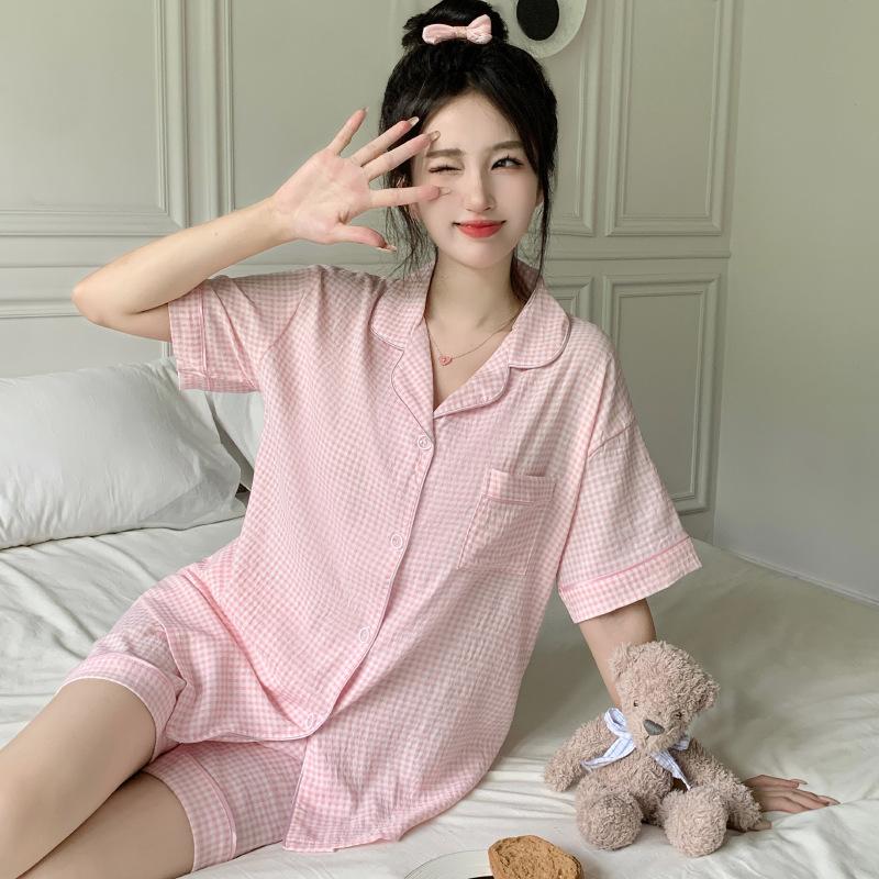 Contrasting Color Plaid Cloud Cotton Pajamas Women'S Summer Short-Sleeved Three-Piece Set Dachshund Dog Loungewear Can Be Worn Outside