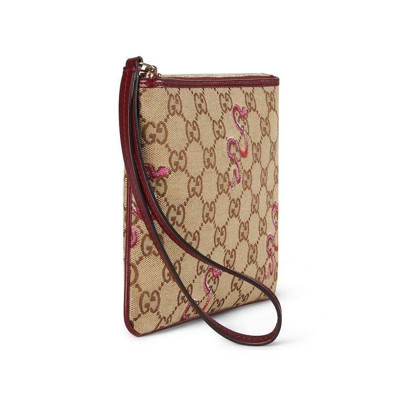 Gucci GG Supreme Snake Embroidery Zipper Clutch Women clutch Beige Dark-Brown 818855-FAEAZ-8772