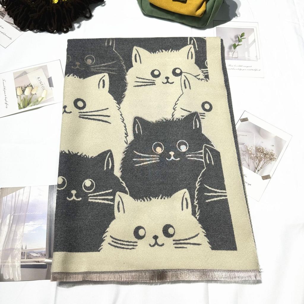 New All match Cute Cat Pattern Autumn and Winter Scarf for Women Winter Warm and Thickened Air Conditioned Shawl