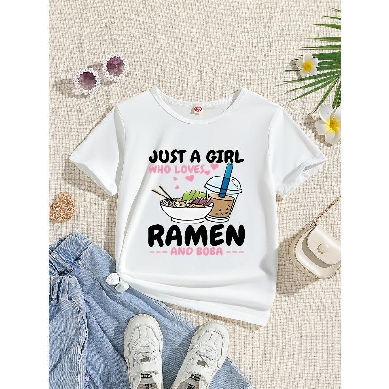 European sizes Cute And Easy Cartoon Letter Print Short-Sleeve T-Shirt for Girls, Perfect for Summer Wear, Knit