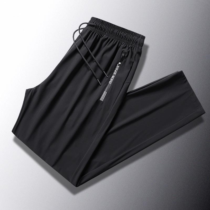 Men's High-End Elastic Ice Silk Sports Pants - Summer Breathable, Quick-Drying, Loose Straight Leg, Plus Size, Long Running Pants