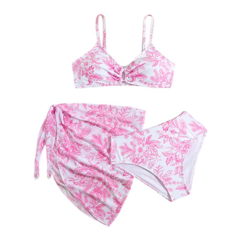 2026 Girls' European & American Print Mesh Three-Piece Swimsuit Set - Medium & Large Sizes