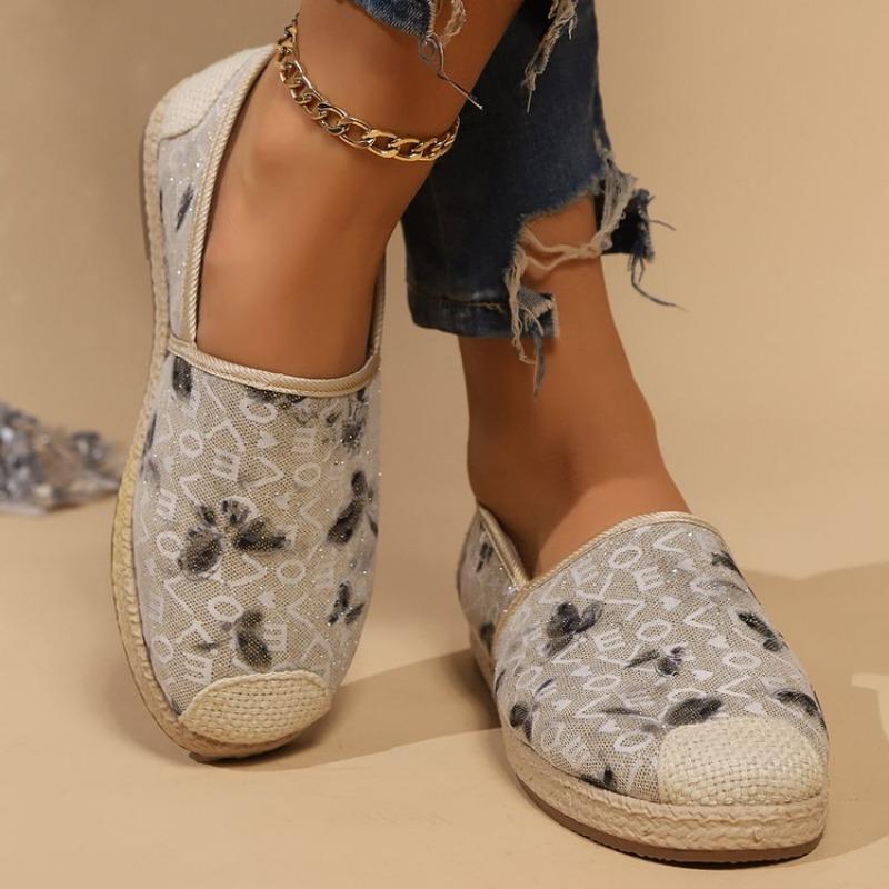 Fashion Plus Size Flat Tweed Cotton Shoes Women's Autumn/Winter New Butterfly Sequin Fashionable Versatile Slip-On Shoes Rubber Upper