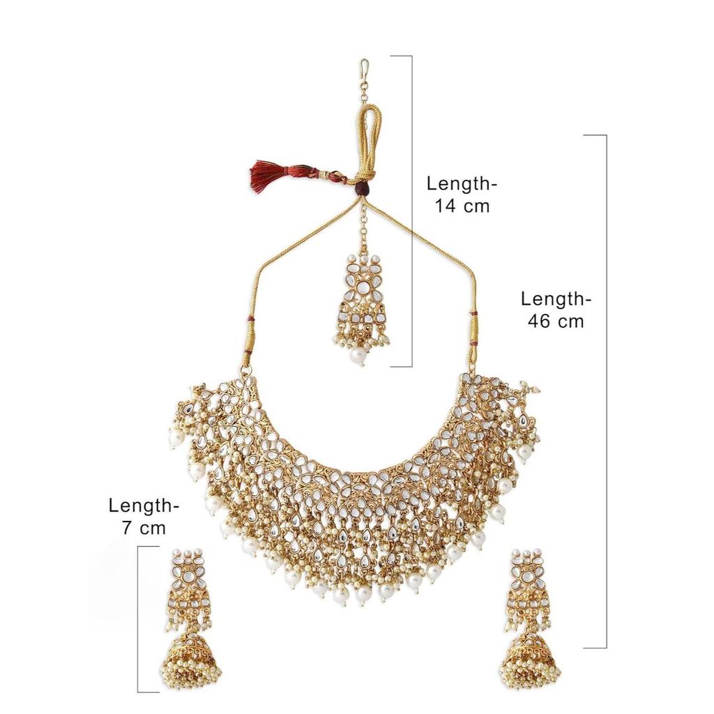 Tone Kundan Choker Necklace Earring Maangtikka & Ring Set For Women