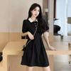 Plus Size A-Line Black Polo Collar Dress - Short Sleeve Korean Style Summer Women's Clothing