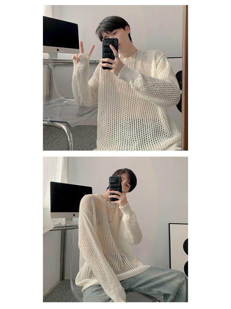 Men's 2023 Autumn Trendy White Hollow-Out Ripped Loose Knit Sweater, Korean Style.