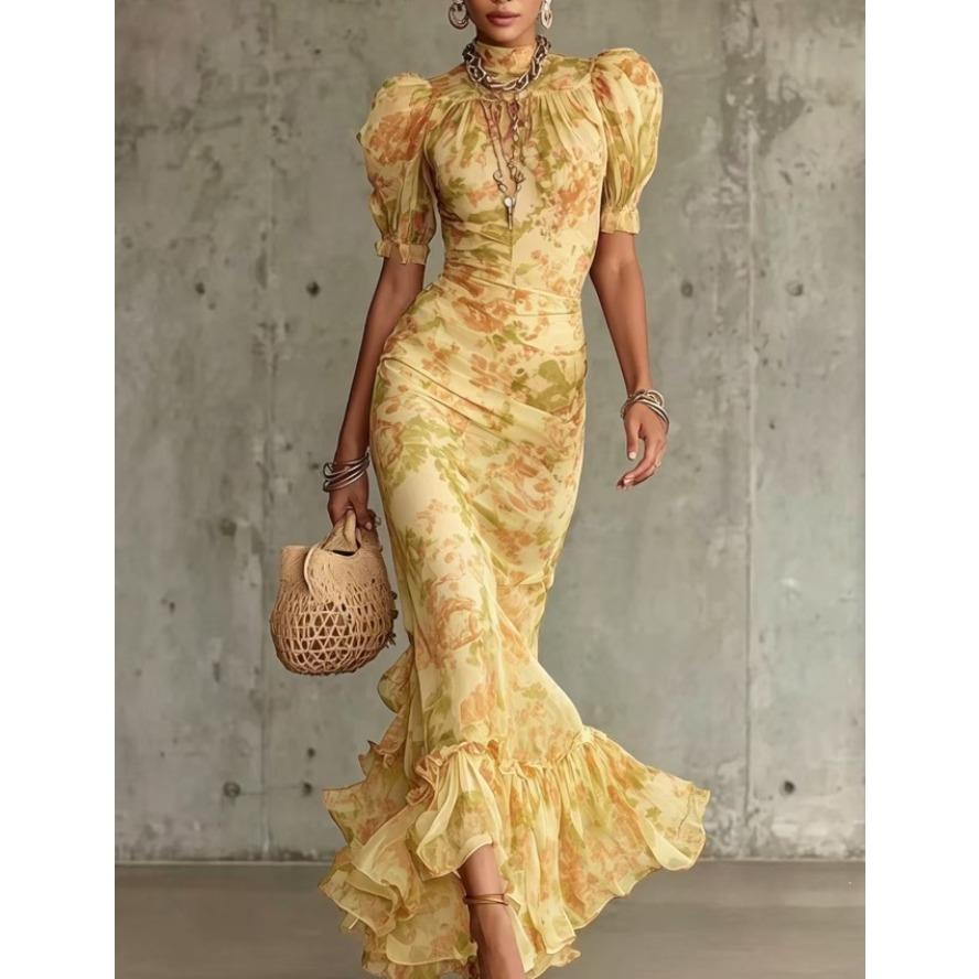 YYFS Women's Fashion Summer Spring Flower Pattern Print Short Sleeve High Neck High Waist Casual Dresses