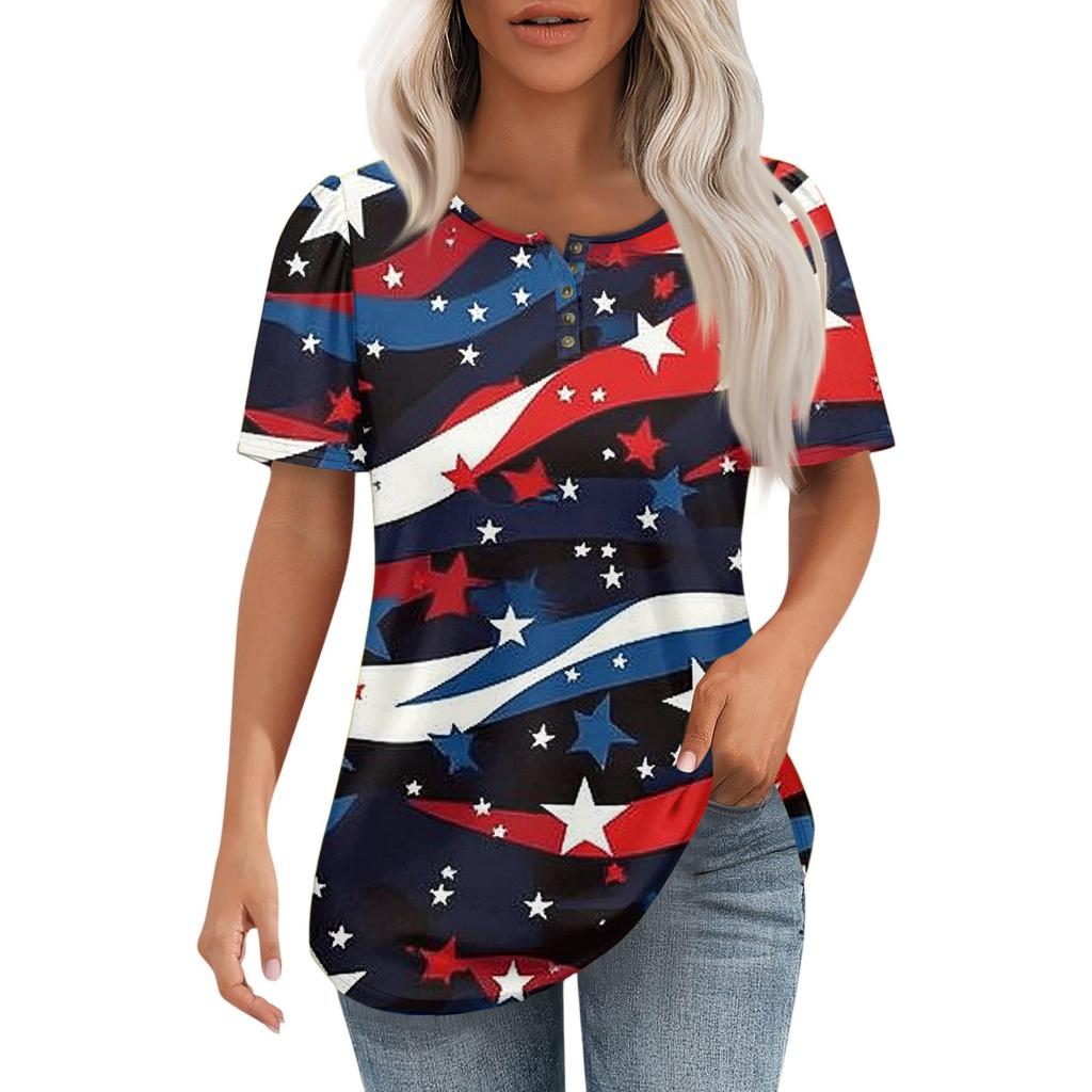 Modisches, lässiges Pullover-Oberteil mit kurzen Ärmeln und Knopfleiste und Rundhalsausschnitt für Damen