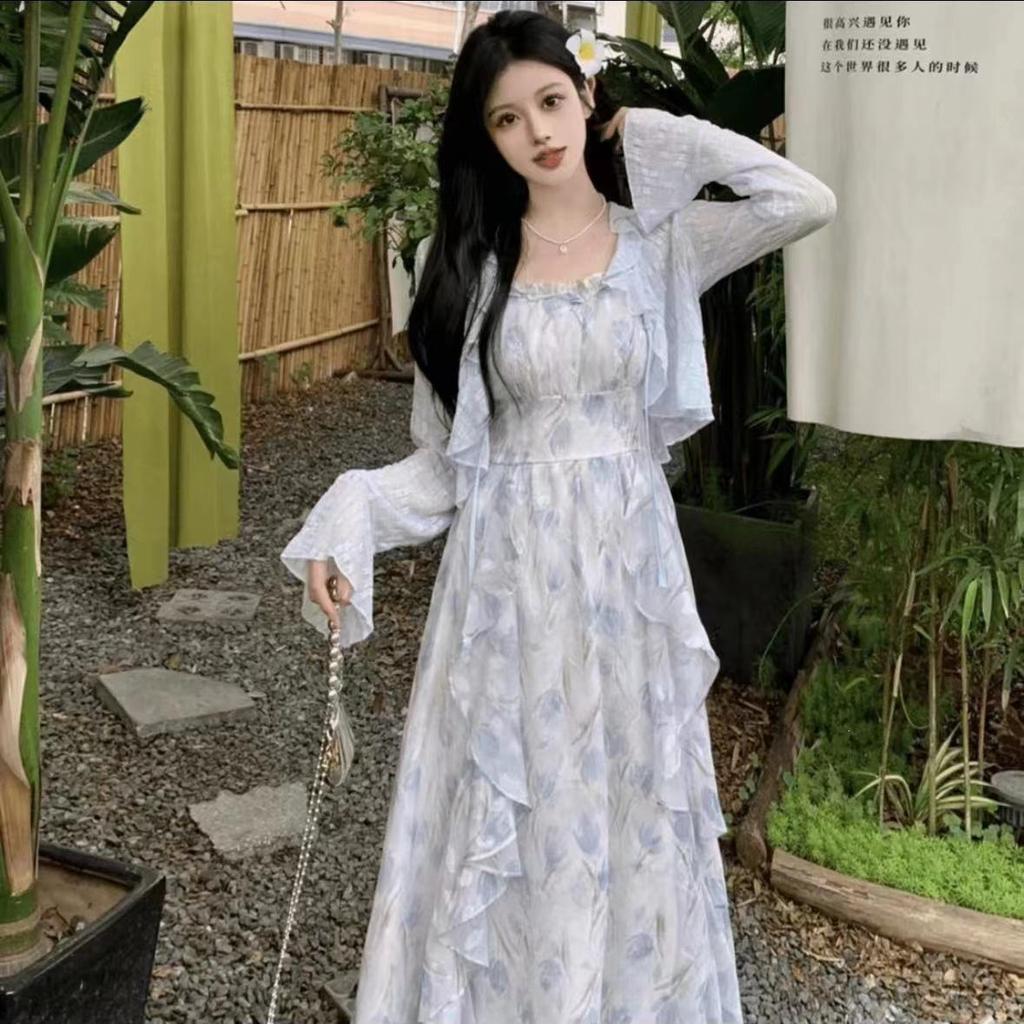 Dress lace slimming and elegant long dress, French waist-cinching floral summer vintage niche mid-length sweet