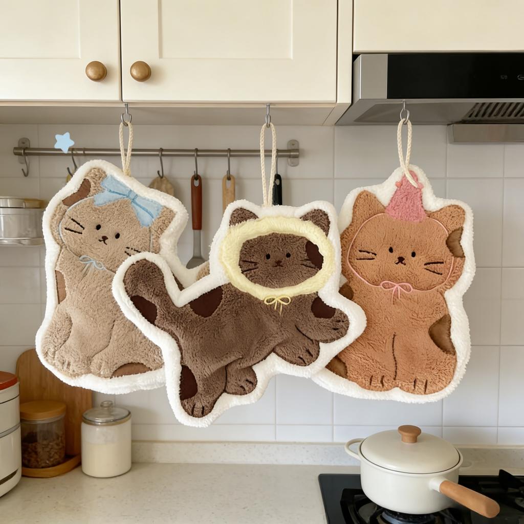 Soft and Cute Cat Hand Towel, Quick Drying Quick Drying Hanging Cute Cartoon Towel, Household Kitchen and Bathroom Hand Towel
