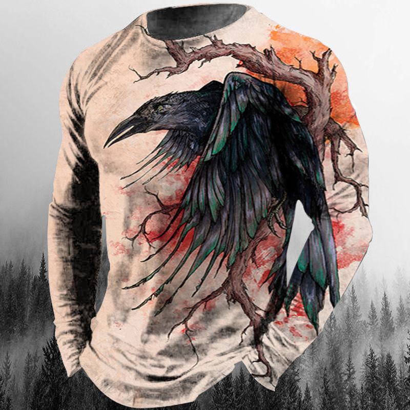Spring and Autumn Round Neck 3D Animal Eagle Graphic Printed Top Fashionable Casual Hip Hop Long Sleeved Men's T-shirts