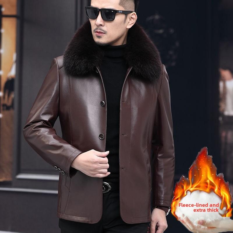 New Dad's Middle-aged Men's Leather Jacket Fleece Thickened Autumn and Winter Warm Jacket