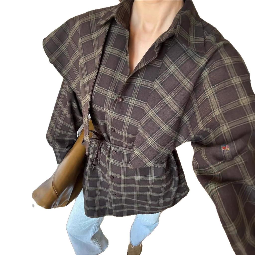 Ensemble chemise à carreaux et châle pour femmes européennes et américaines 2026: Mode Trois-en-un à Manches Longues avec Taille à Nouer.