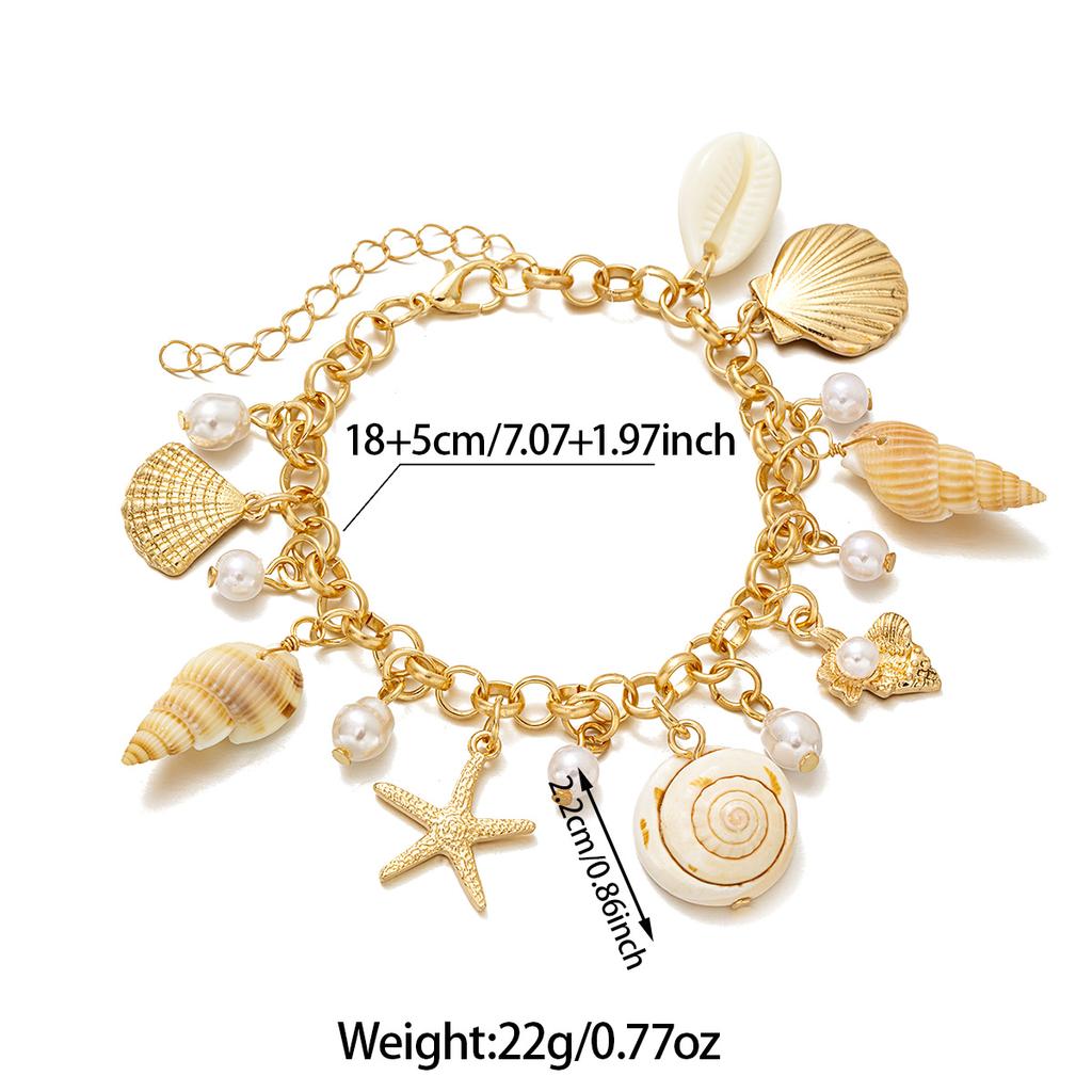 Women's Starfish & Conch Gold Chain Pearl Pendant Jewelry, Versatile Seaside Vacation Style Bracelet