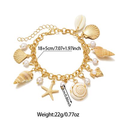 Bijoux Collier Chaîne Dorée Pendentif Perle Étoile de Mer & Coquillage pour Femme, Bracelet Polyvalent Style Vacances au Bord de la Mer
