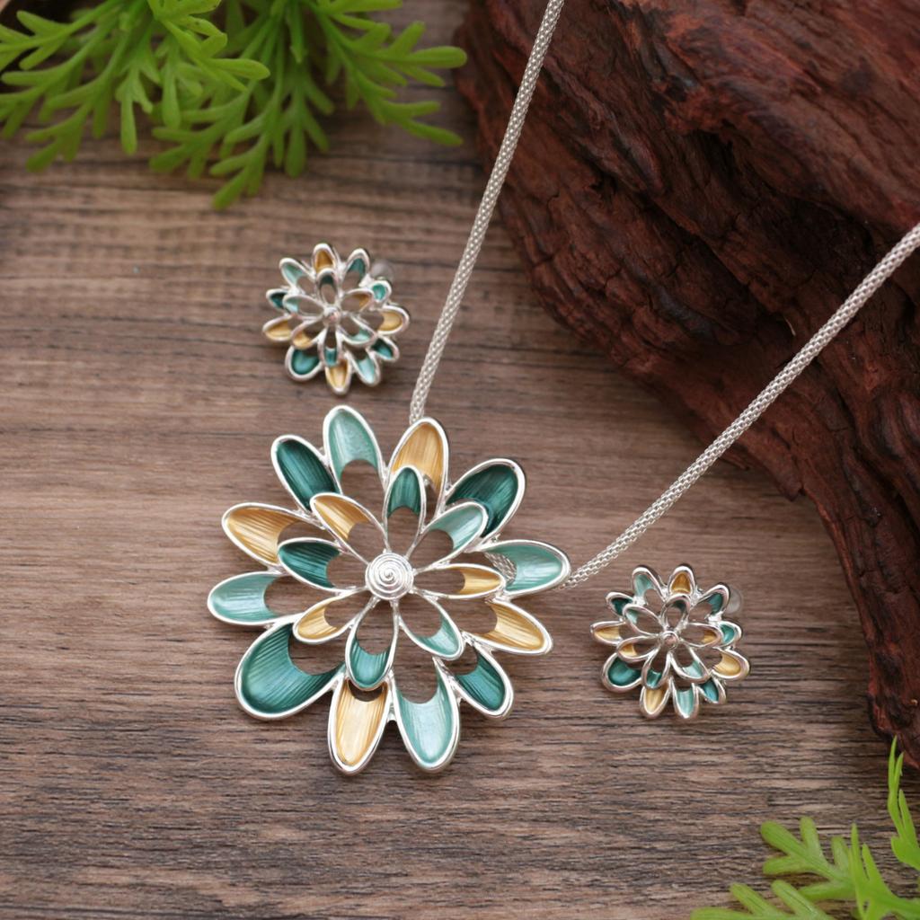 New Enamel Color Hollow Sunflower Stud Earrings Long Pendant Set, Women's High-end Flower Long Necklace
