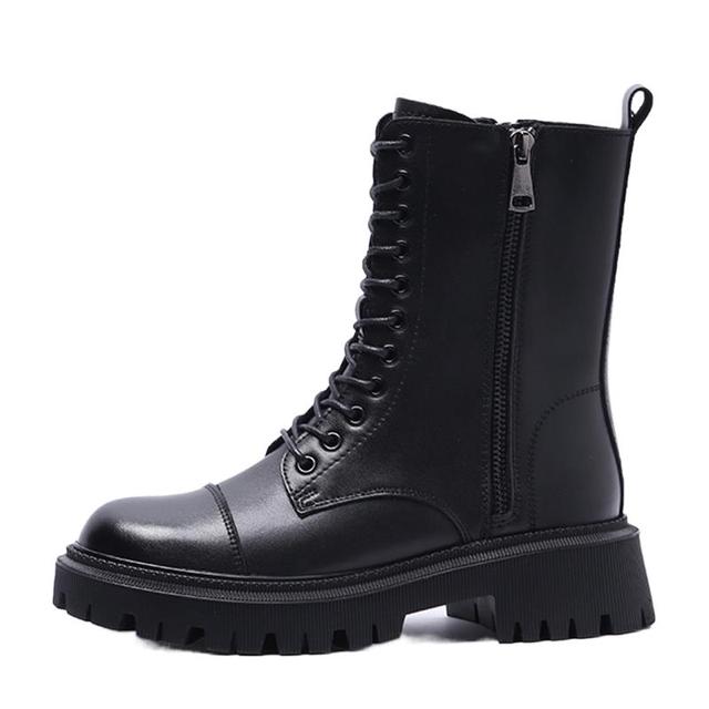 Svarta Martin-kängor Dam Ko Läderskor Platå Grova Kängor Snörning Ankelkängor Vinter Höst Dragkedjeskor