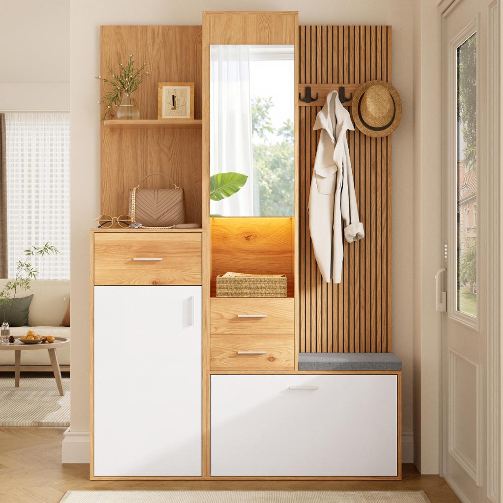 Compact Shoe Cabinet with Wardrobe, Mirror and Bench, LED Lighting with App Control, Hallway Wardrobe with Drawers and Flip-Down Shoe Compartment