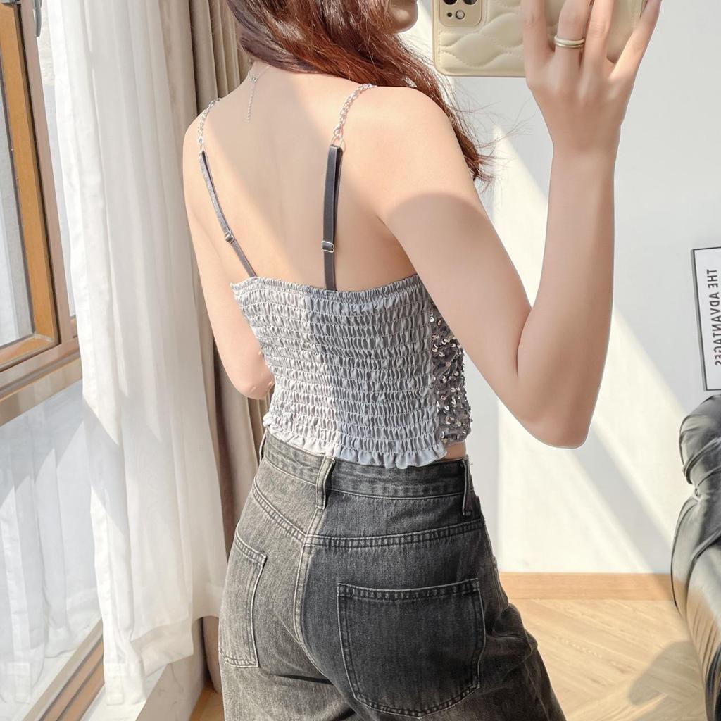Sexy kovové retiazkové tielko Jednofarebné flitrované halterové crop topy Dámske letné tielka Bezchrbtové tielko Módne ležérne rúrkové Dámska bez rukávov skrátená vesta Y2K