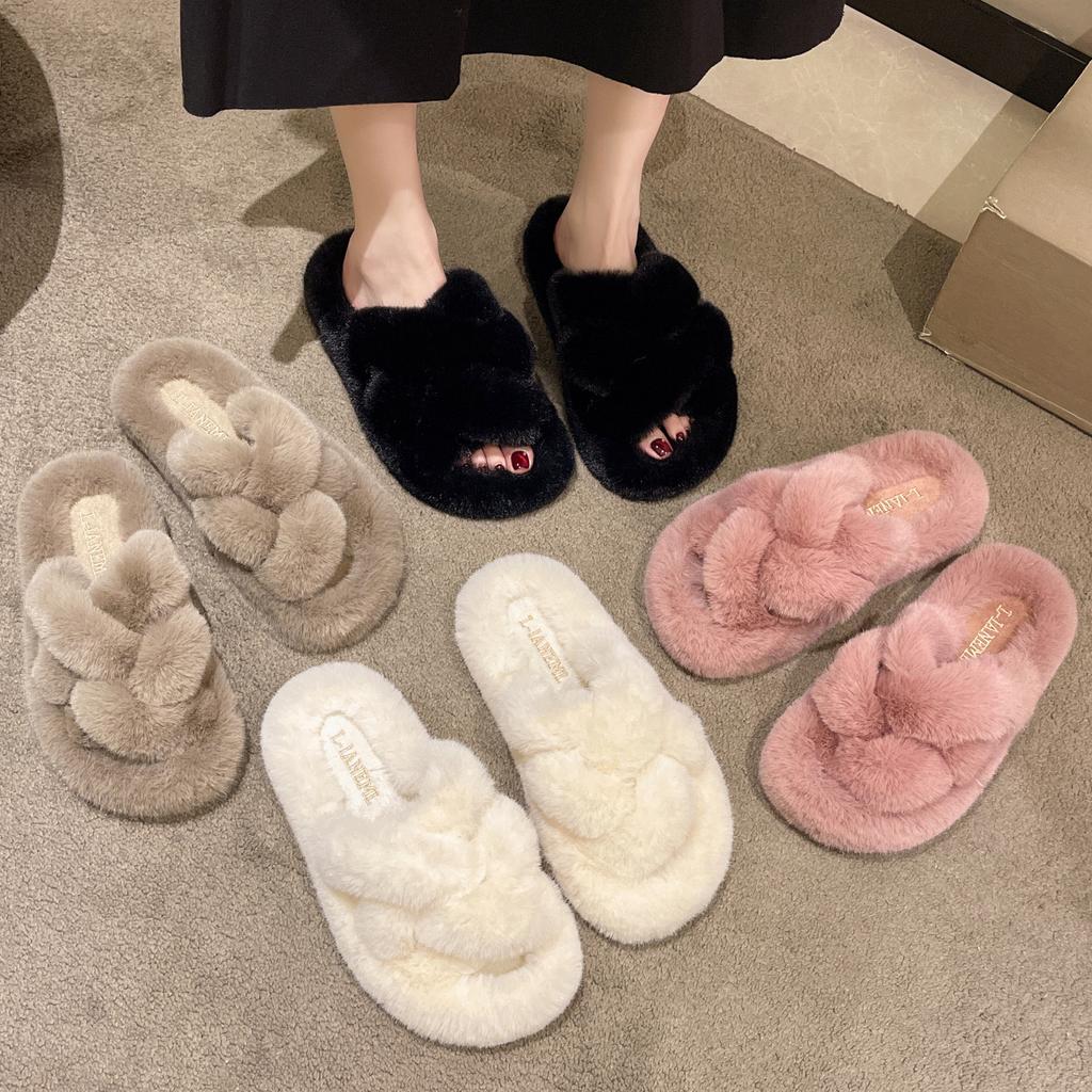 Mao Mao Slippers Female Spring and Autumn Thick Bottom Versatile Fairy Style Fashion Cross Home Plush Cotton Slippers
