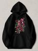 Black Pullover Hoodie with Vibrant Pink Floral Bouquet Print Long Sleeve Sweatshirt with Kangaroo Pocket Casual Streetwear for Dai