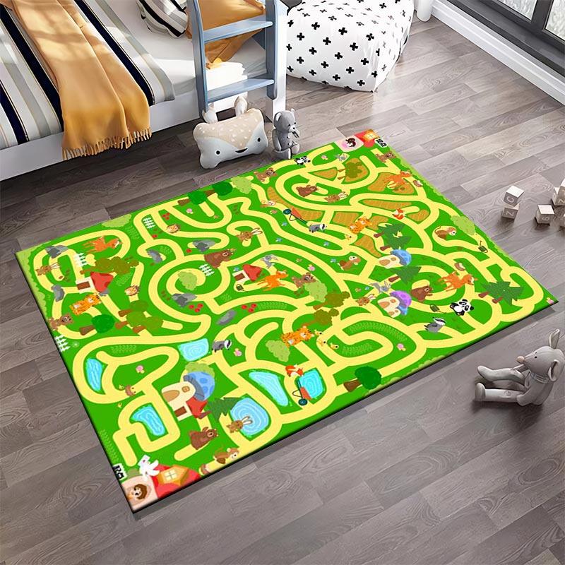 Kinderteppich mit buntem Tier-Labyrinth-Design, Lern-Spielmatte geeignet zur Verwendung als Antirutsch für Wohnzimmer, Schlafzimmer, Sofas