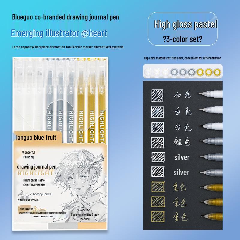 Blue Fruit Nine-Color Gel Journal Pens for Students - Doodle, Color, and Highlight with Fluorescent Markers