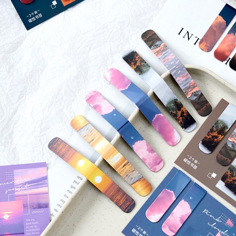 2 Pcs Magnetic Bookmark INS Landscape Clouds Simple Literary Pattern Page Folder for Books Readers Stationery Supplies