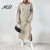 Knit Sweater Dress Women for Fall Winter, Ribbed Long Sleeve with Soft Midi Dresses Side Split, Solid Color Casual Collared V Neck