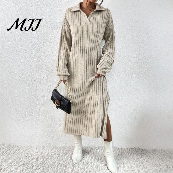 Knit Sweater Dress Women for Fall Winter, Ribbed Long Sleeve with Soft Midi Dresses Side Split, Solid Color Casual Collared V Neck