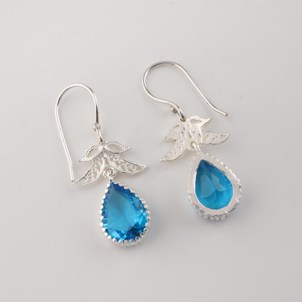 Swiss Blue Topaz Gemstone 925 Sterling Silver Jewelry Handmade Women Earrings 1.84" CE-27-3