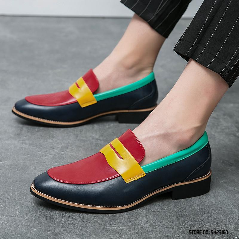 Britain Retro Colour Mix Patchwork  Pointed  Flats Oxford Shoes Men Casual Loafers Formal Dress Footwear Sapatos Tenis Masculino