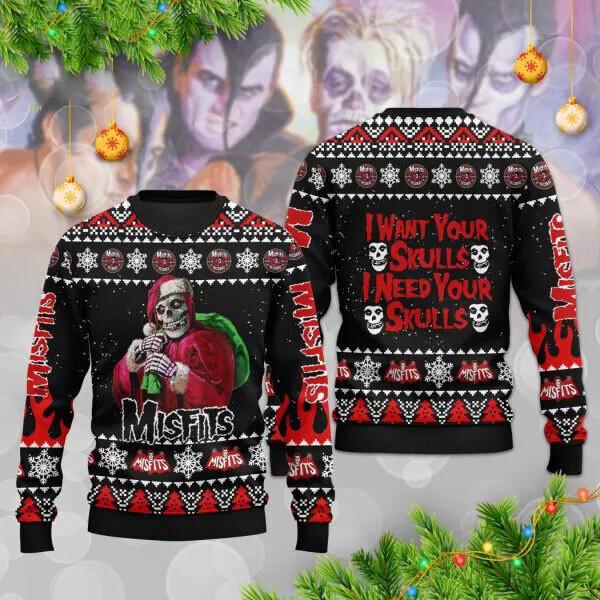Misfits I Want Your Skulls  Ugly Christmas Sweater Design BG Unisex T-Shirt M