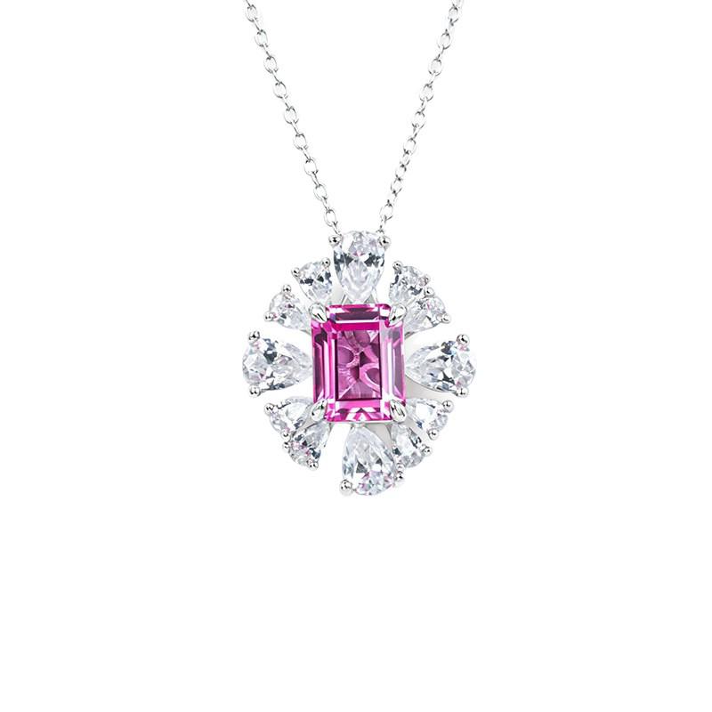 S925 Sterling Silver Pink Sapphire Flower Necklace for Women - Elegant Jewelry for Dating, Commuting, and Festivals