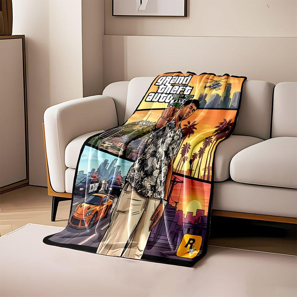 

Cityscape, palm trees, vehicles, and a pointing figure dominate the design. for all seasons blanket lunch break throw gift 80cm x 120cm