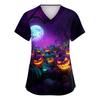 Women's V-Neck Short Sleeve Scrub Top with Pockets Halloween Print Uniform for Work