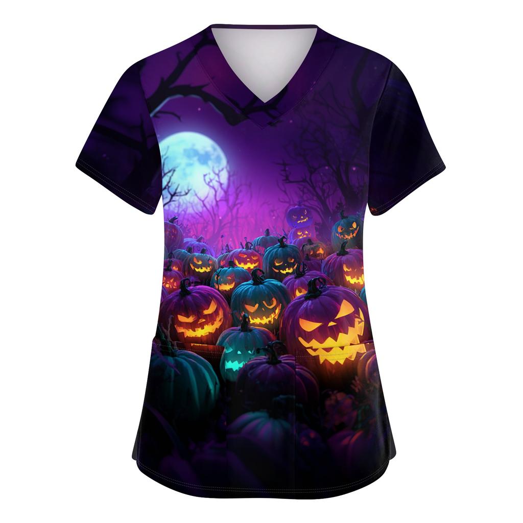 Women's V-Neck Short Sleeve Scrub Top with Pockets Halloween Print Uniform for Work