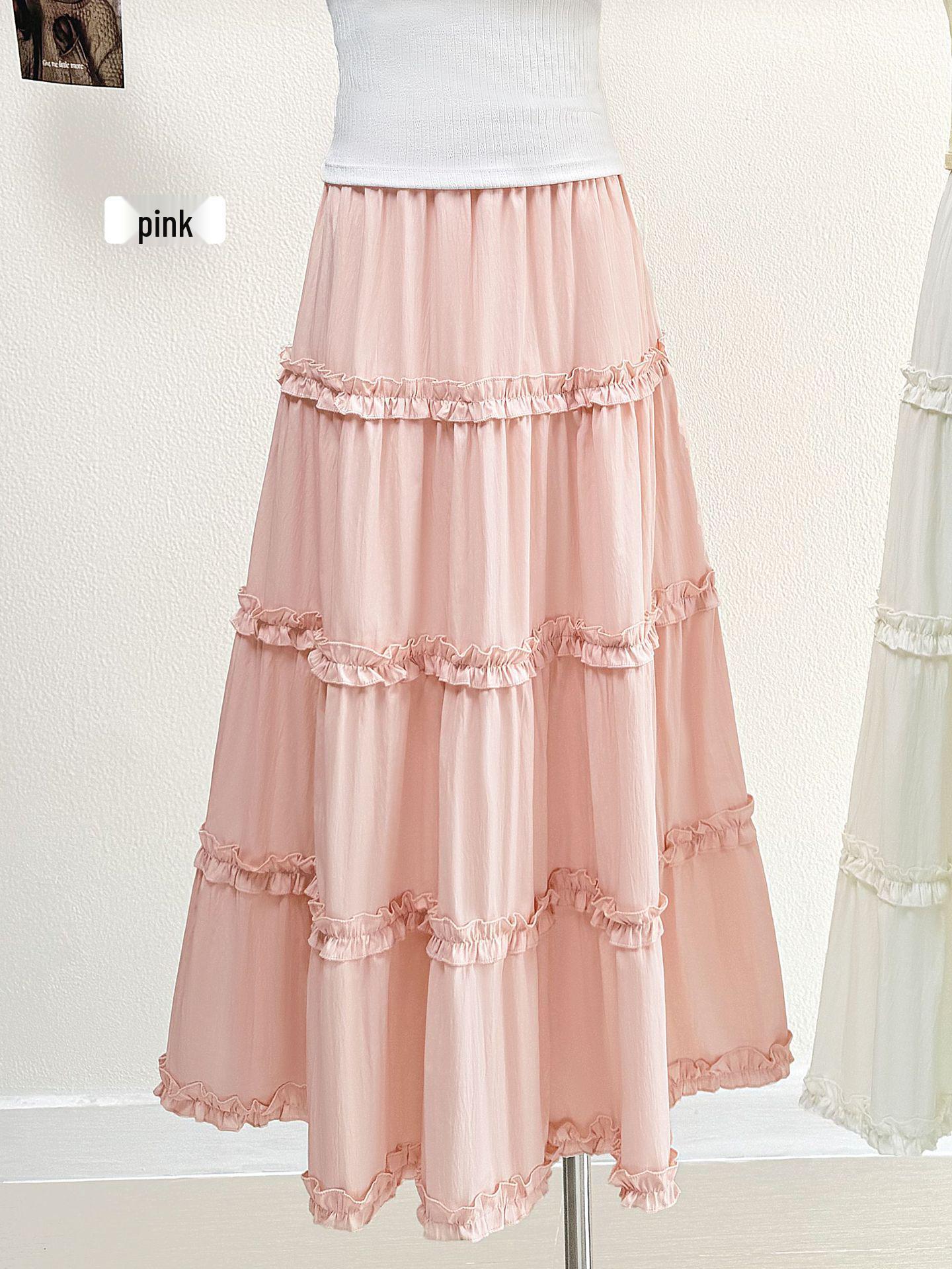 

Spring 2026 Sweet Girly Vacation Cake Skirt - Summer Cream Color with Wood Ear Edge One Size розовый