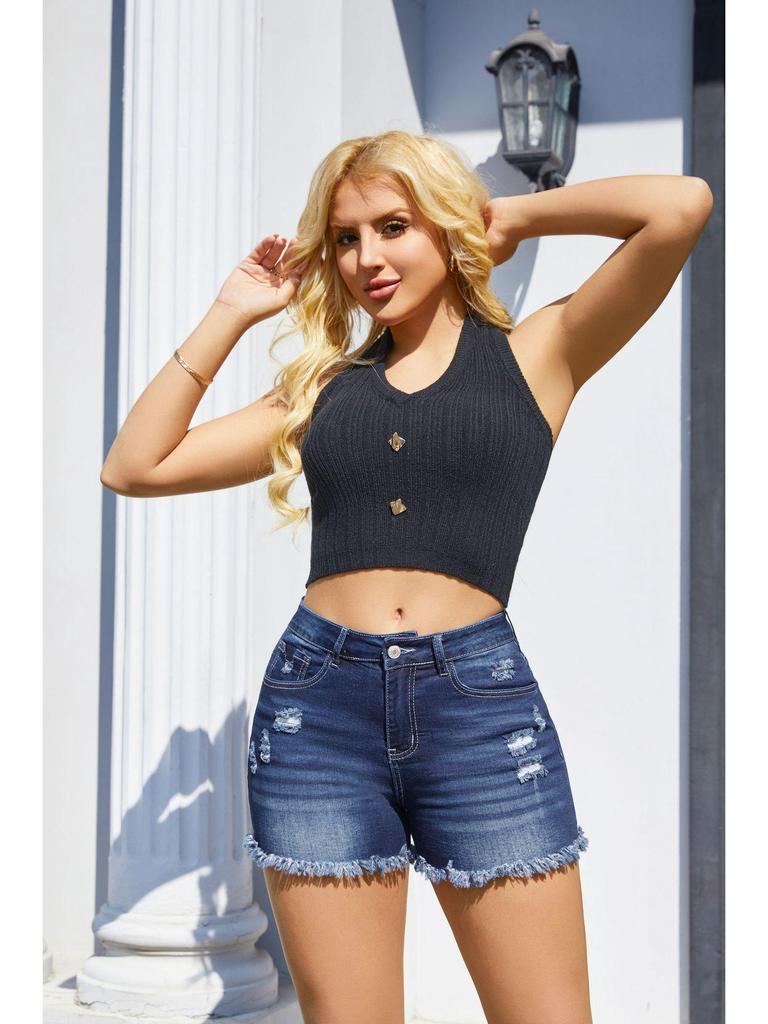 2025 Women's Low Waist Ripped Denim Shorts with Frayed Hem - European American Style Sexy Jeans Hot Pants