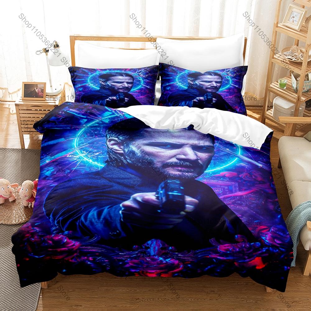 Moody Black Gold John Wick Character Print Duvet Cover + 2 Pillowcases Twin Full Queen King Movie Bedding Set